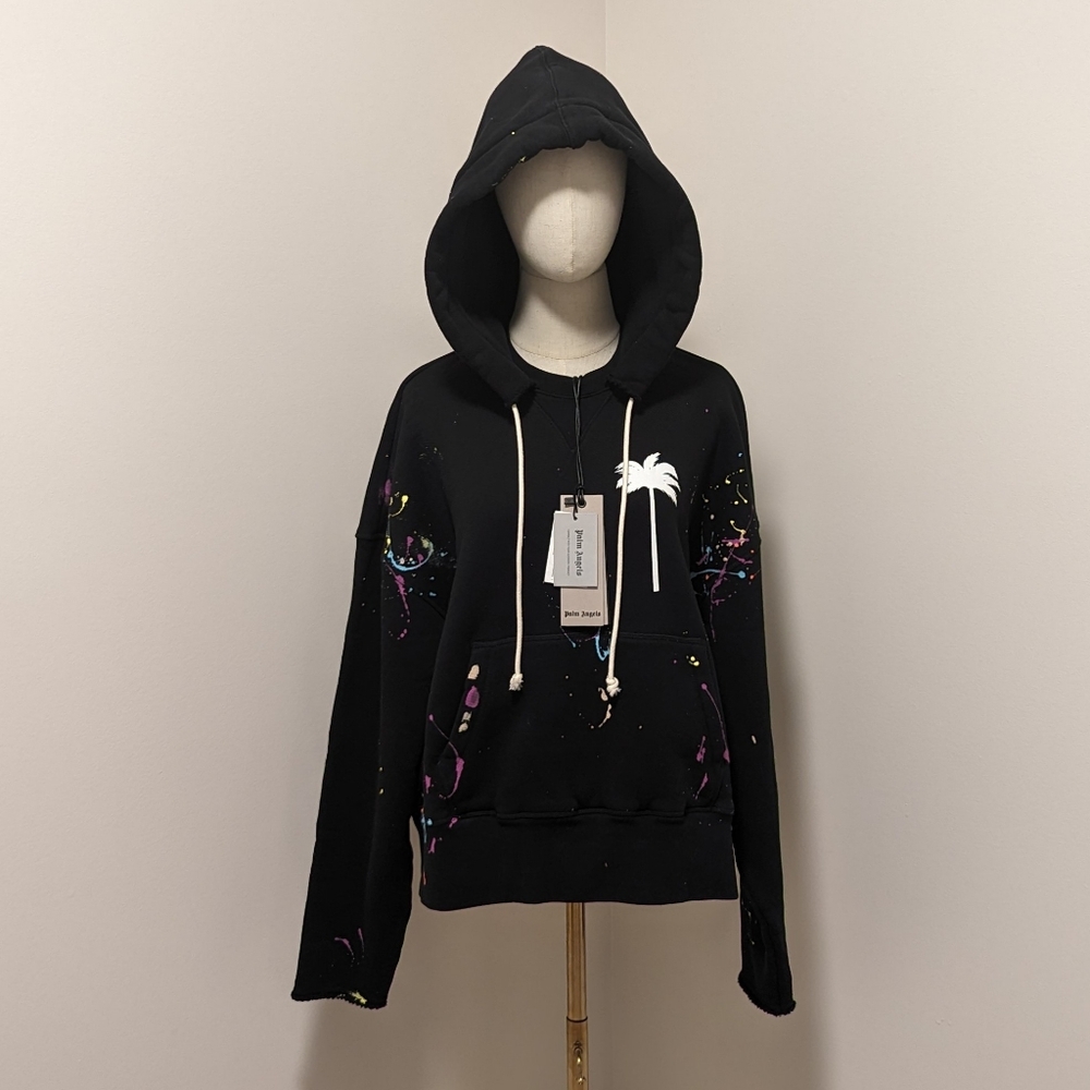 Palm Angels PxP Painted Raw Cut Hoodie 'Black/White' XS NWTS